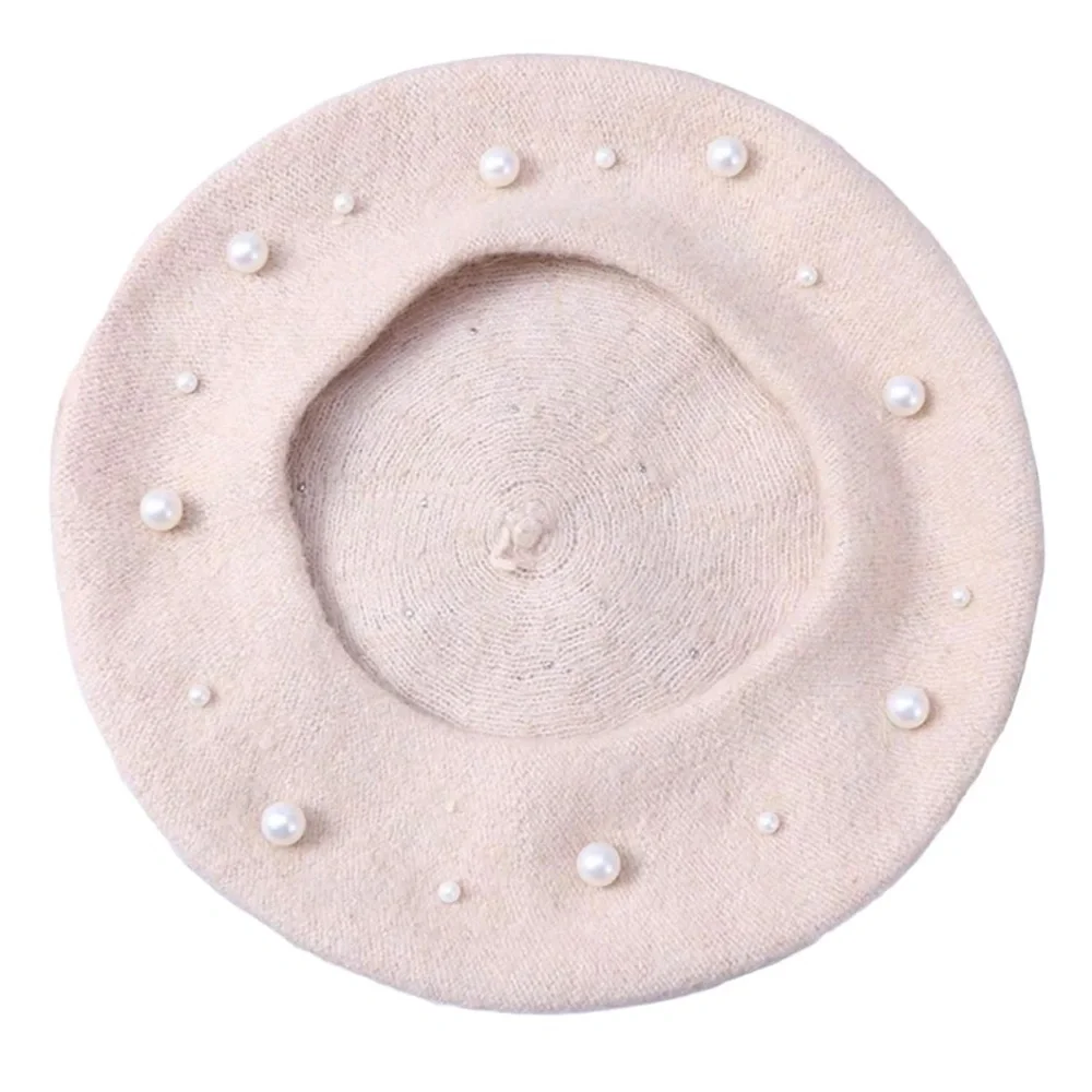 Cashmere Beret (Beaded) in Ivory or Black with White Simulated Pearls